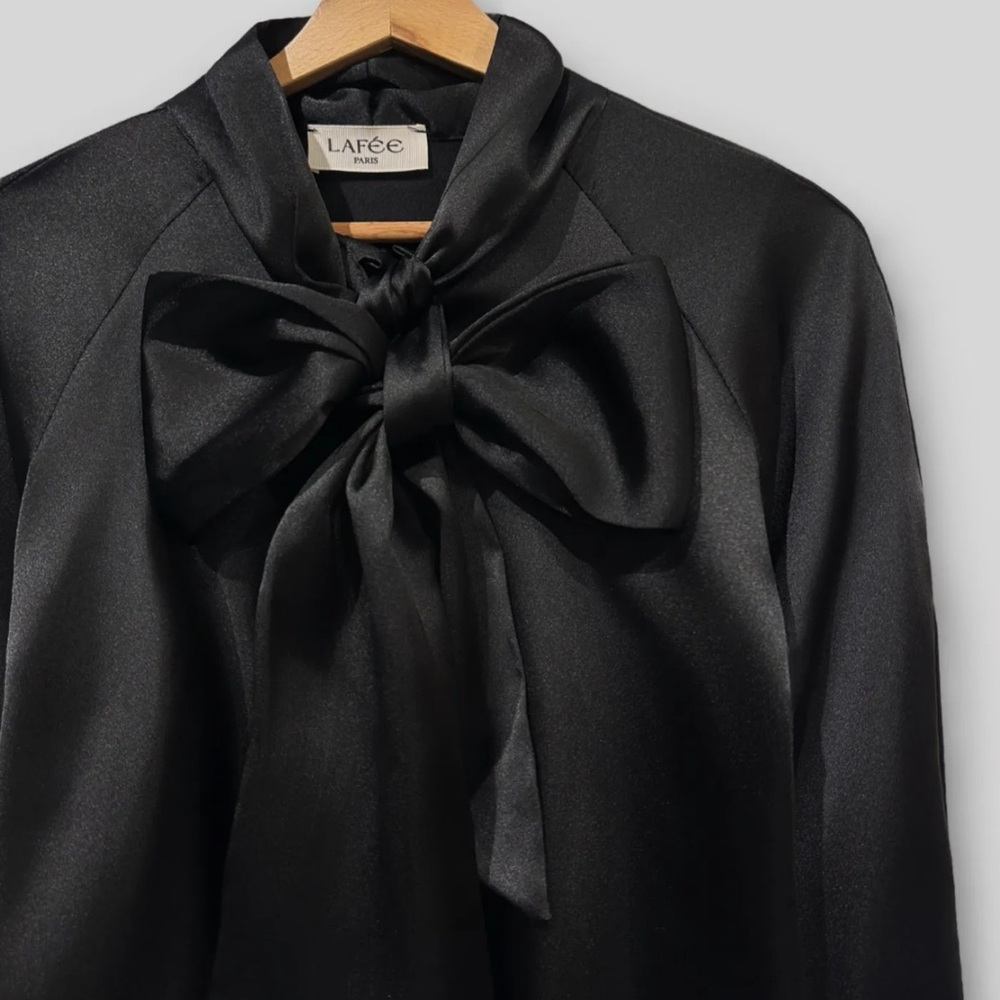 ShopEvelynne Black Satin Bow Tie Blouse - Picture 2 of 4